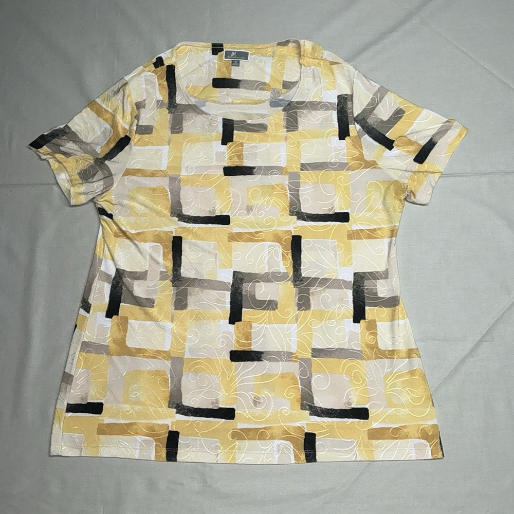 Womens Top-JM COLLECTION-yellow/white/brown patterned stretch knit short XL